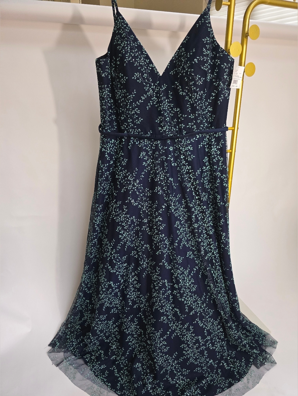 Terani Couture Navy Formal Gown with Floral Glitter Details Spaghetti Strap 24